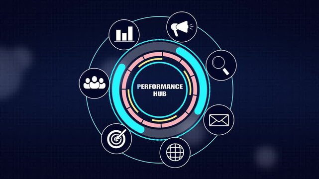 Innovative marketing performance hub diagram, displaying digital connectivity, business optimization strategy, and global communication network