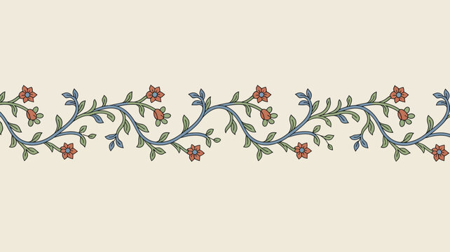 Seamless floral border pattern with delicate blue vines and small red flowers, elegant botanical illustration for textile design and decorative frames