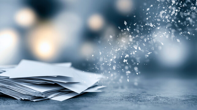 Stack of blue document paper sheets transforming into glowing digital particles


