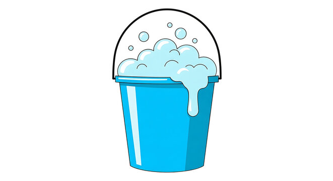 Soap Vector Illustration of a Blue Plastic Cleaning Bucket Filled with Soapy Foam and Bubbles Overflowing on a Plain White Background