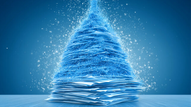 Stack of blue document paper sheets transforming into glowing digital particles

