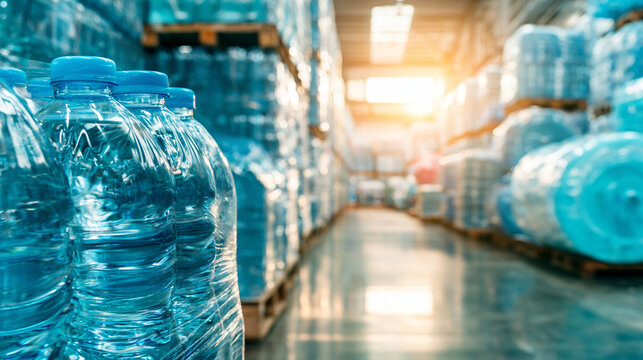 Stacked plastic bottled water packages stored inside large bright factory warehouse
