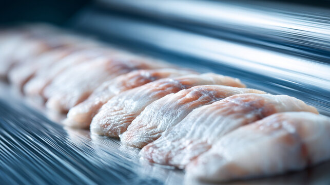 Row of raw fish fillet slices on conveyor belt plastic wrap

