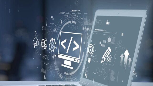 A modern laptop showcases coding symbols and graphic elements, symbolizing digital innovation and technology in a professional workspace setting, perfect for media projects. Salient