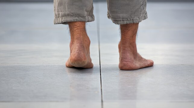 Bare feet of a person standing on a smooth, gray tiled floor with rolled-up pants visible.