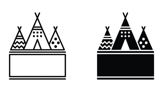Teepee tent village vector icon illustration in line art and black fill