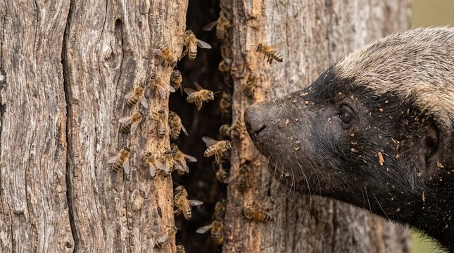 Wild Beehive Entrance in Tree Bark with Bees Photo