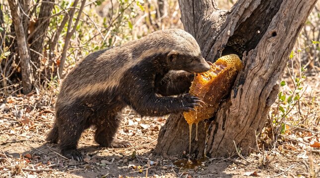 Honey Badger Pulling Honeycomb from Tree Photo