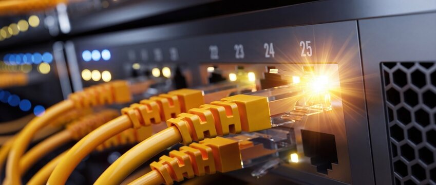 Network switch with yellow ethernet cables, server room data connection