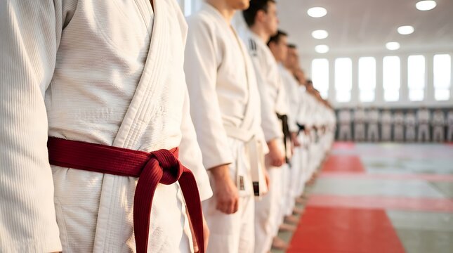 Row of martial arts students in white gis and red belts standing at attention during judo or karate class, focused and disciplined.