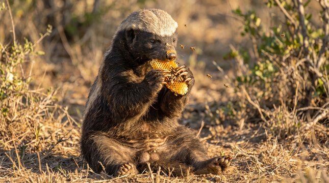 Honey Badger Eating Golden Honeycomb Close Up Photo