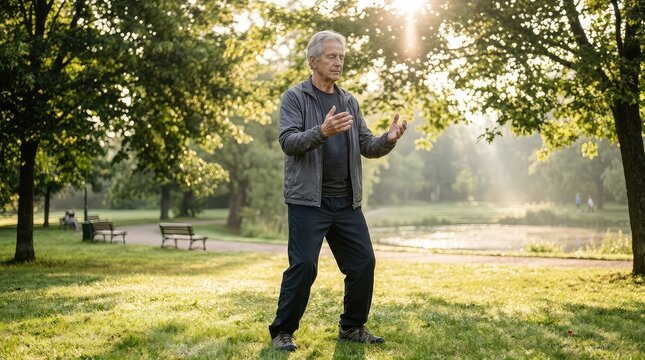 Senior man practicing tai chi or breathing exercise in a sunlit park with open space