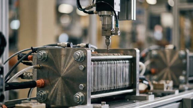 Automated robotic arm manufacturing fuel cell stack in modern factory