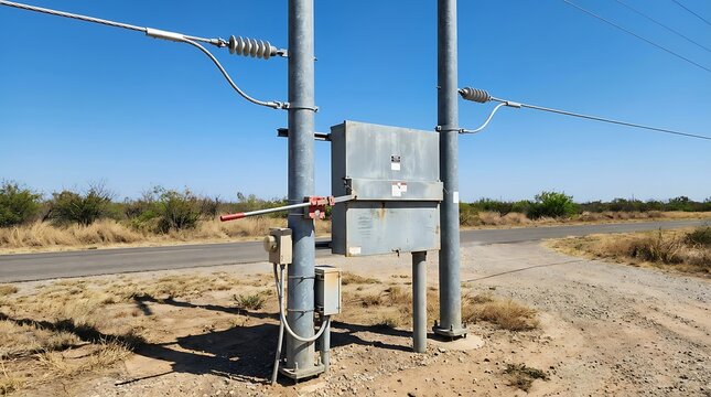 Rustic utility pole with power lines and a junction box stands under a clear blue sky, illustrating essential electrical infrastructure in an outdoor, arid rural setting during daylight