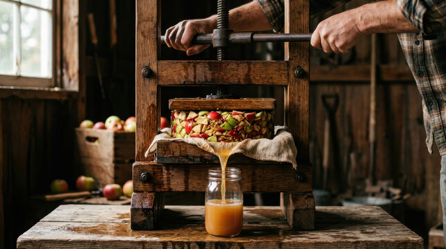 Making fresh apple cider with traditional wooden fruit press in barn