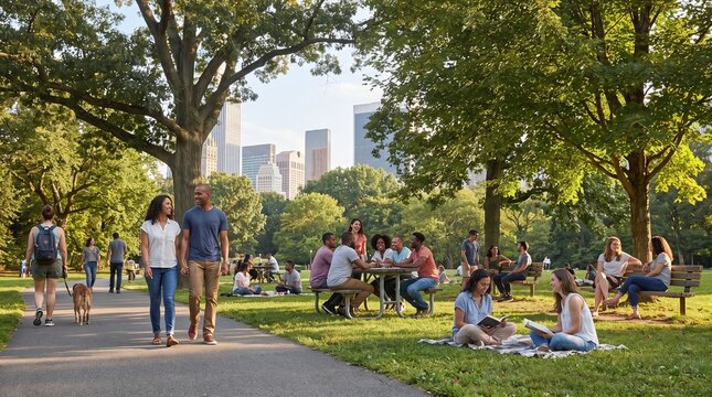 Diverse people enjoying a sunny day in a city park, picnic and relaxation