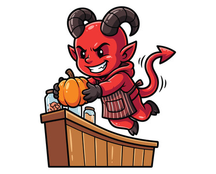 Cute Red Devil Chef Preparing Halloween Pumpkin Recipe for a Spooky Festive Holiday Celebration