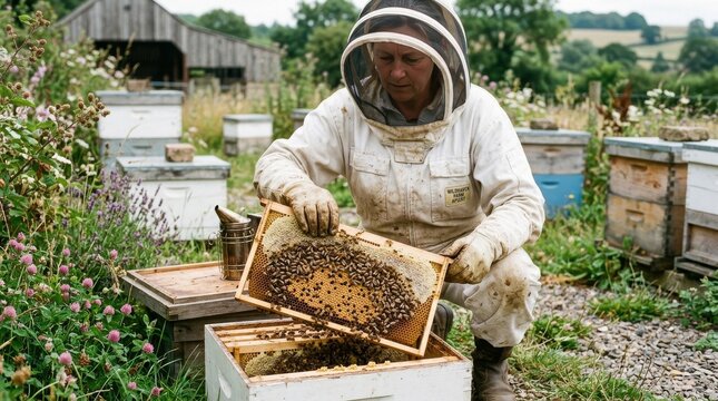 Beekeeper checking a busy honeycomb frame above an open hive box in a flowering rural apiary surrounded by fields and wooden hives today