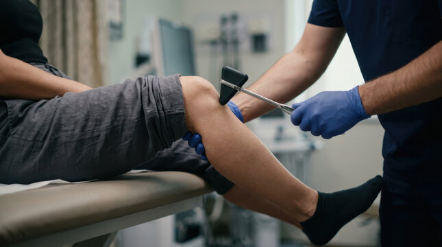 Doctor checking patient knee reflex with medical hammer in clinic