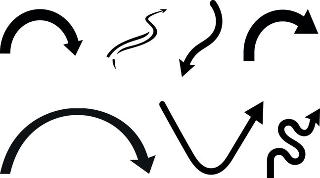 Collection of black arrow shapes and curved lines on a white background