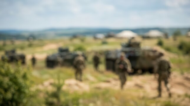 Military personnel and armored vehicles move across a field during a training exercise. The scene is captured with a soft focus effect, emphasizing the movement and atmosphere.