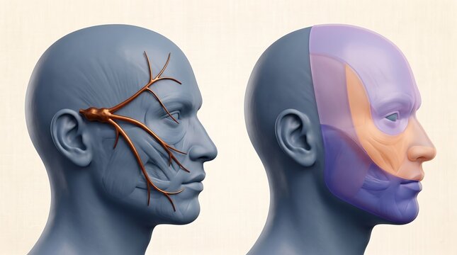 Medical illustration showing the trigeminal nerve anatomy and facial sensory distribution zones on a human profile
