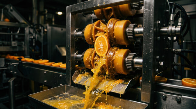 Industrial machine squeezing fresh orange juice in a factory plant