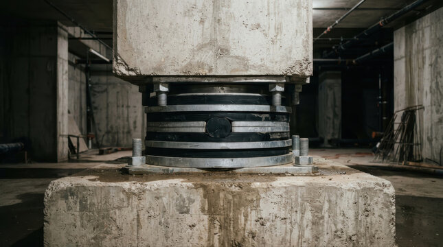 Seismic base isolation bearing under concrete pillar in basement