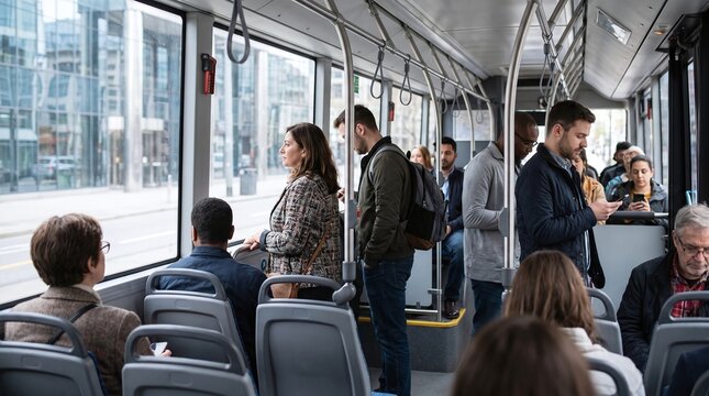 Diverse commuters inside a modern city tram, looking out window