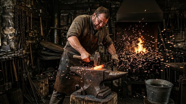 Blacksmith forging glowing metal on an anvil in a fiery traditional workshop surrounded by tools, sparks, and rugged stone walls today at work

