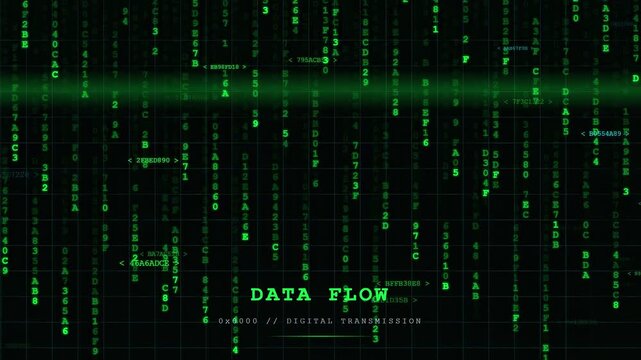 Digital green code rain with data flow text on a dark technological background