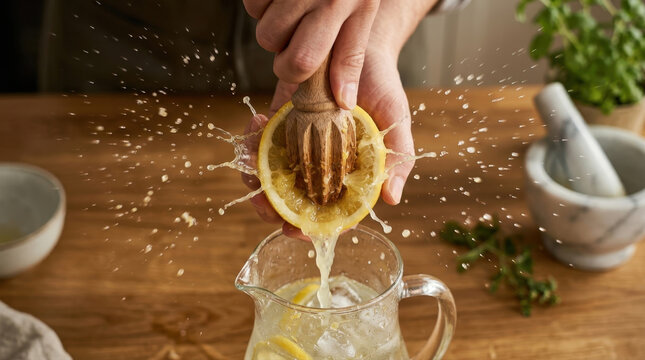 Squeezing fresh lemon juice into a glass pitcher with water and ice