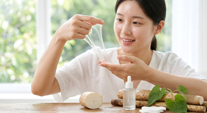 woman showing sticky clear phytomucin texture from wild yam root for natural skincare concep