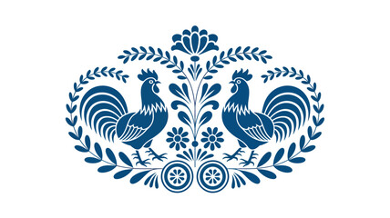 Obraz premium Traditional hungarian folk art pattern with two roosters and floral motifs, symmetrical blue vector illustration