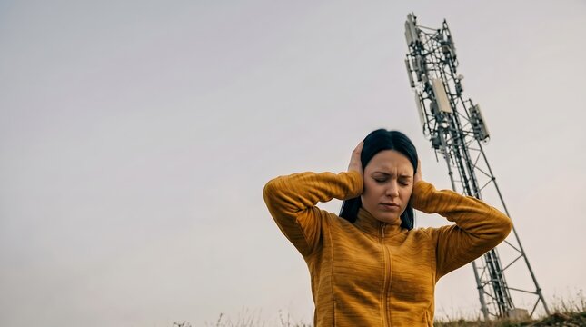 Woman covering her ears and closing her eyes in front of a telecommunication tower expressing pain or electrosensitivity
