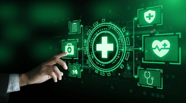 Businessman Touching Medical Cross Icon with Digital Healthcare Network Interface.
Medical technology,
Digital healthcare network,
Health insurance protection,
Hospital cross symbol,
Innovation in med