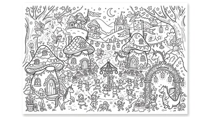 Fototapeta premium A black and white line of a magical fairy village with mushroom houses, dancing fairies, unicorns, and a dragon in the forest