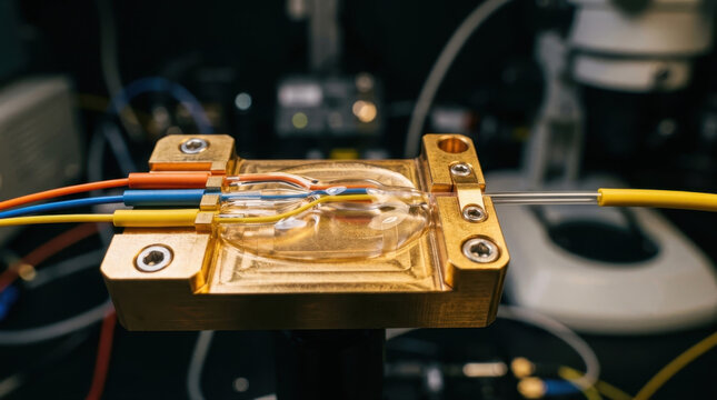 Precision fiber optic fusion splicer in laboratory electronics setup