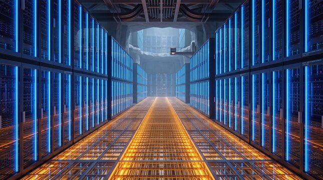Futuristic data center corridor, modern server room with blue neon lights