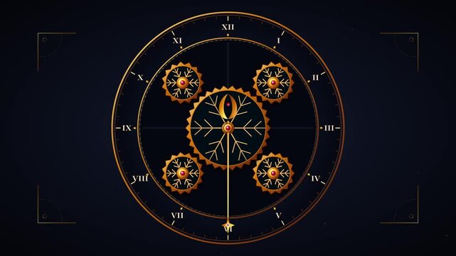 Clockwork Winter Astrolabe Mechanical Snowflake Gears Loop Animation with Roman Numerals Dial and Moving Clock Hand