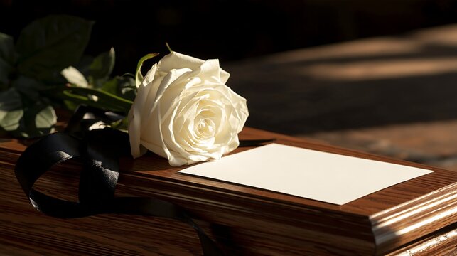 A single white rose and blank card isolated on transparent background. Symbol of grief and mourning for funeral service announcements or sympathy cards.