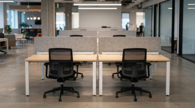 Modern empty office interior with desks and chairs in a workspace