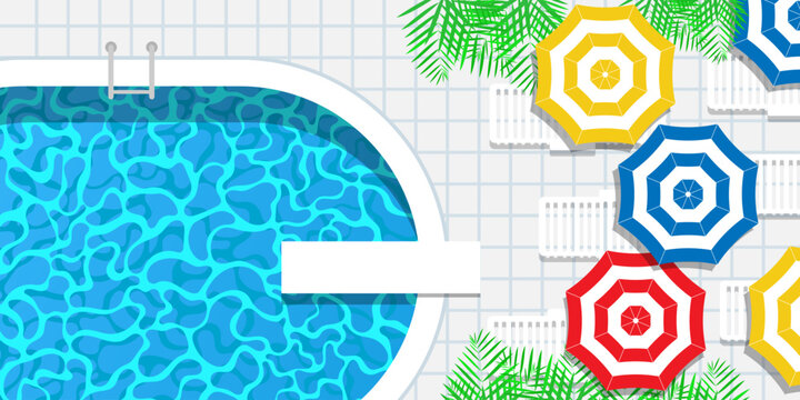 Top-down vector illustration depicting a swimming pool with a diving board next to several colorful umbrellas and palm leaves