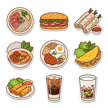 Vietnamese cuisine sticker set featuring pho banh mi spring rolls bun cha and iced coffee illustrations