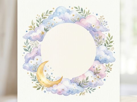Crescent moon and soft clouds form a decorative watercolor frame with delicate green leaves and tiny flowers surrounding a white circular copy space.