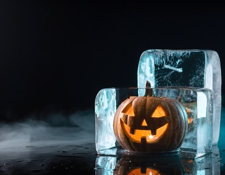 Glowing Jack O Lantern Frozen Inside Ice on Dark Halloween Background