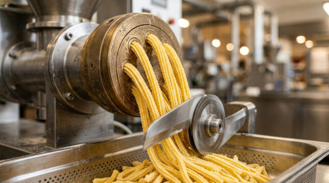 Industrial pasta machine extruding fresh yellow dough in a factory