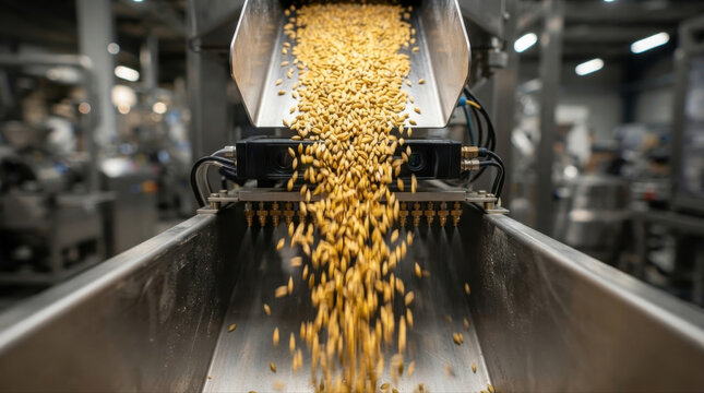 Barley grains falling through sorting machine in a processing plant