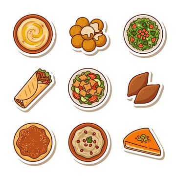Lebanese cuisine food sticker set with hummus falafel shawarma and knafeh vector
