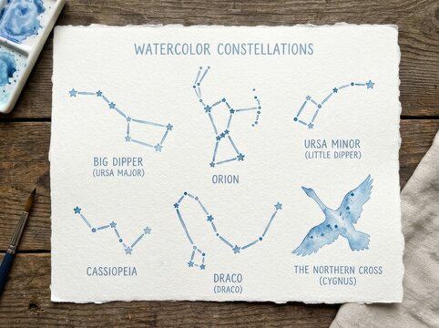 Constellation chart painted in blue watercolor rests on a rustic wooden table next to a paintbrush and palette.